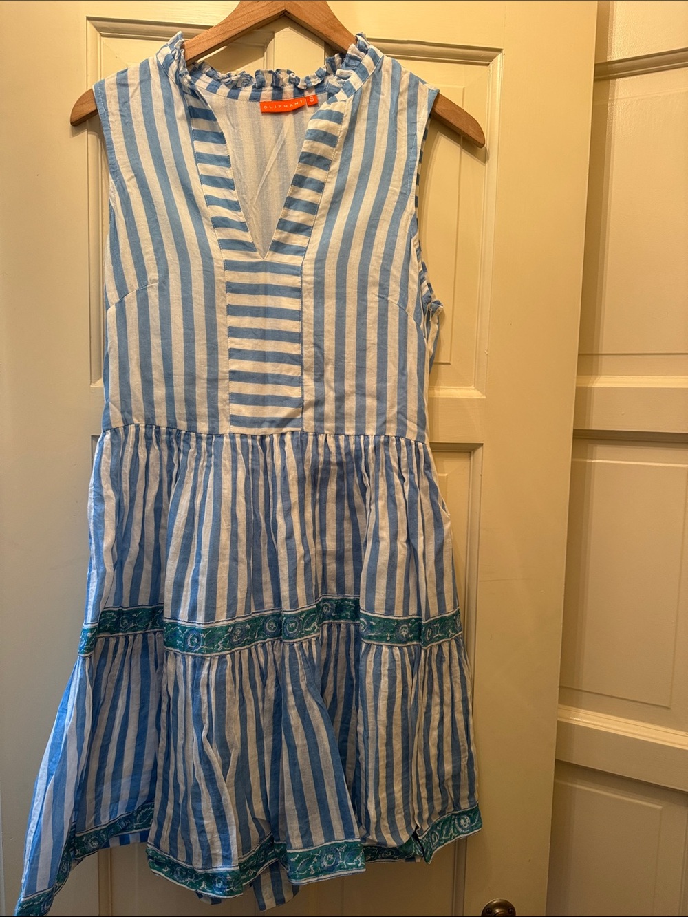 Oliphant Blue and White Striped Sleeveless Mini Dress with Teal Trim